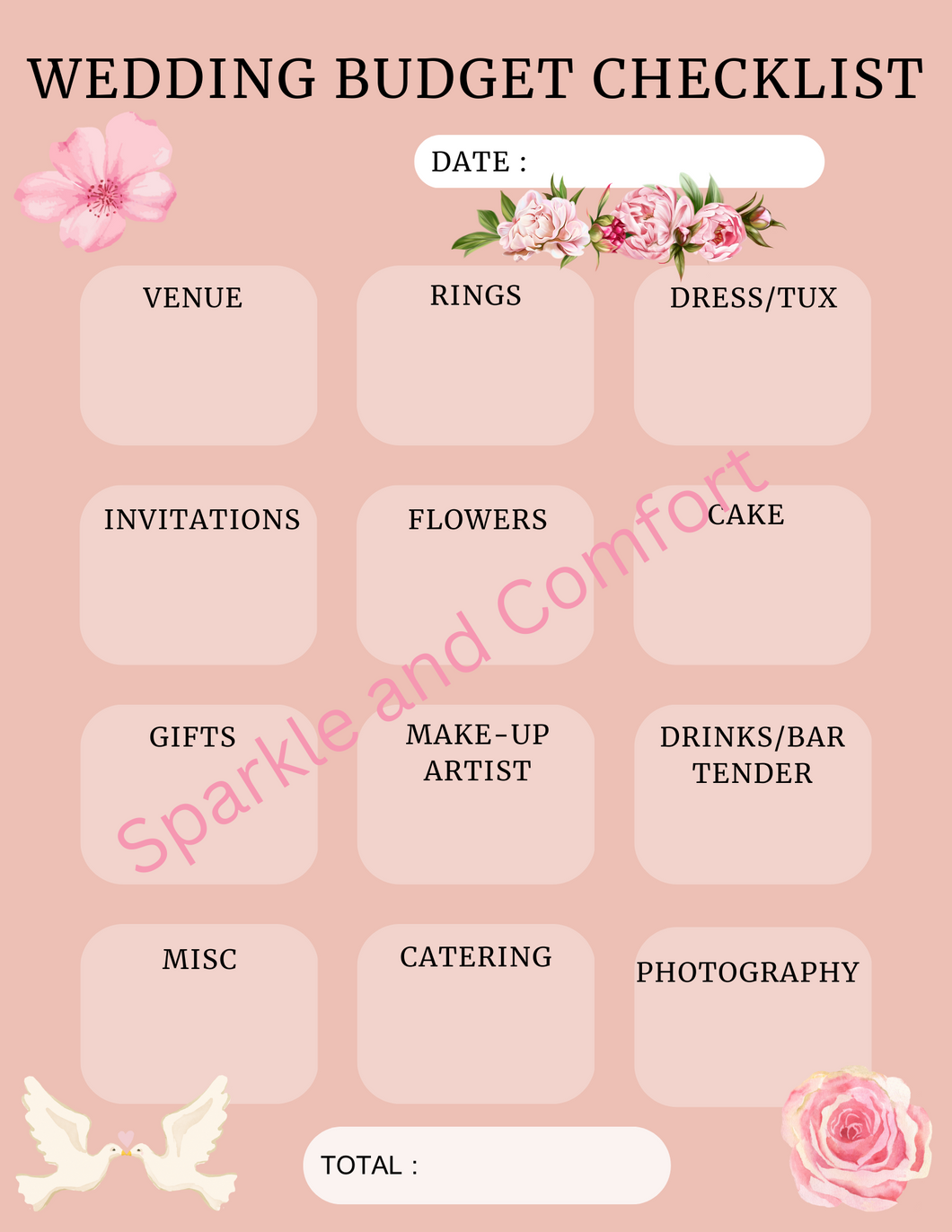Digital Planner - Wedding Budget Checklist - Pink Flowers